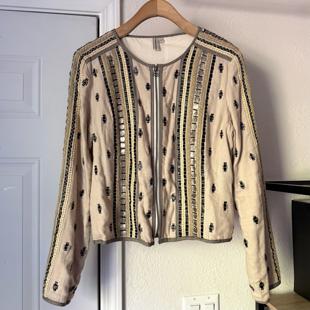 Blank London Tan Cream Beaded Leather Trim Embroidery Zip Up Jacket
